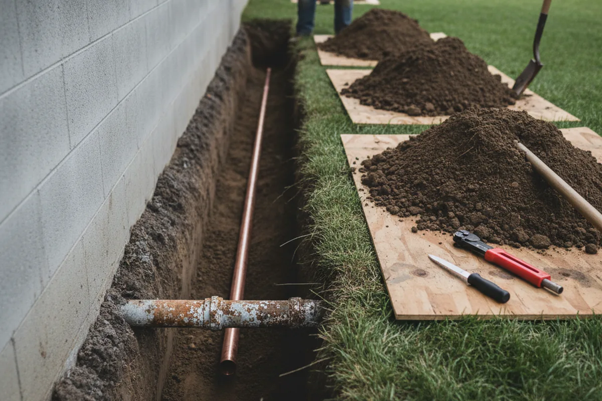 Excavated water line trench during Water Softener Installation in Big Pool